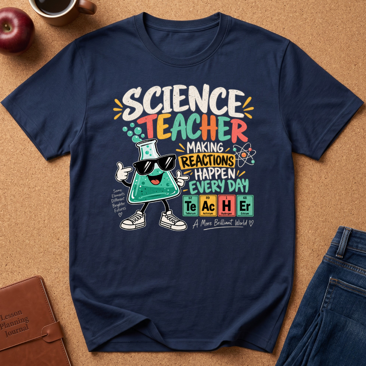 A navy blue graphic t-shirt laid flat on a brown cork background, surrounded by lifestyle props including an apple, a coffee cup, a leather journal, and blue jeans. The t-shirt features a colorful cartoon graphic of a lab glass beaker character wearing sunglasses, with the text 'SCIENCE TEACHER MAKING REACTIONS HAPPEN EVERY DAY' and periodic table letter tiles spelling 'TEACHER'.