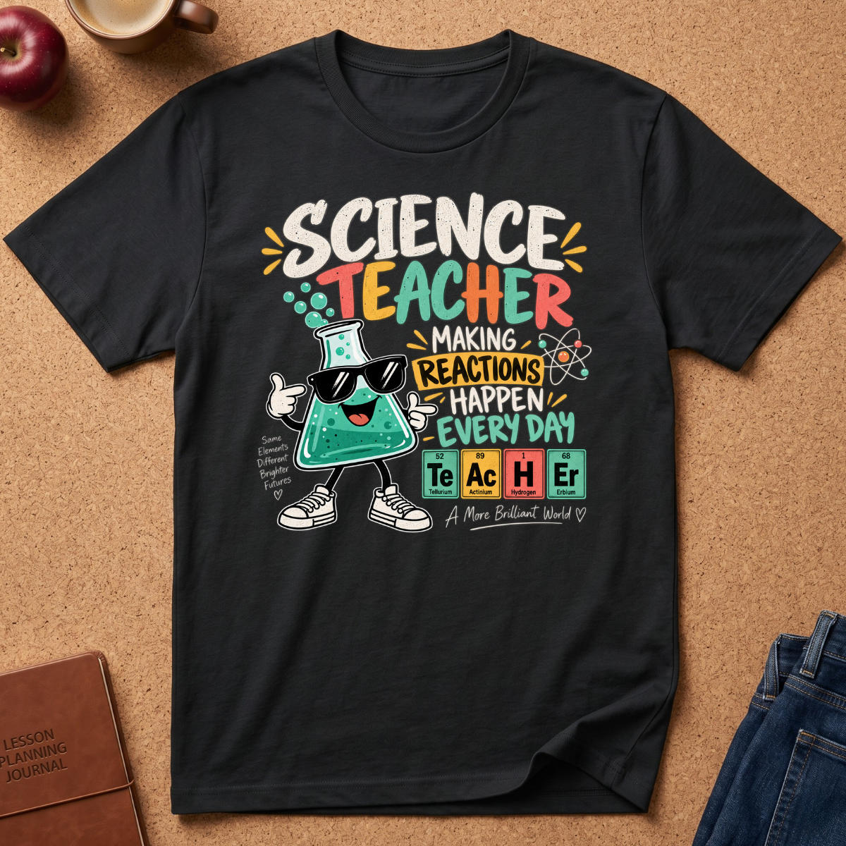 A black graphic t-shirt featuring a cartoon science teacher character and the text 'SCIENCE TEACHER MAKING REACTIONS HAPPEN EVERY DAY' laid flat on a cork board background with props like an apple, a coffee cup, and jeans.