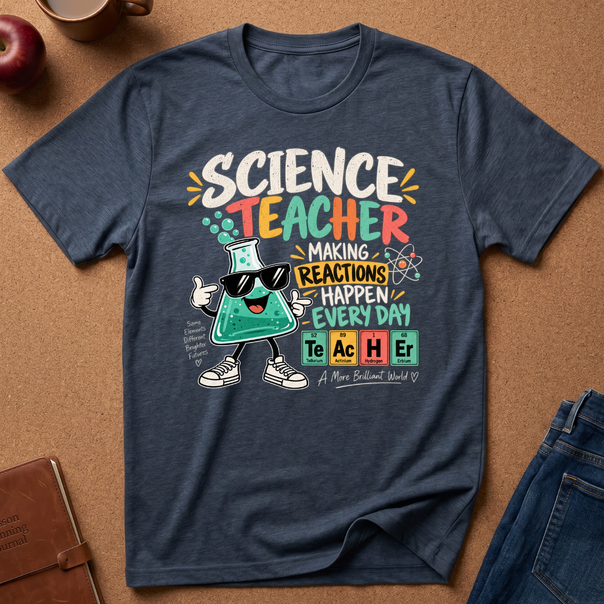 A navy blue graphic t-shirt laid flat on a brown cork background, featuring a colorful cartoon science teacher design with the text 'SCIENCE TEACHER MAKING REACTIONS HAPPEN EVERY DAY' and periodic table elements.