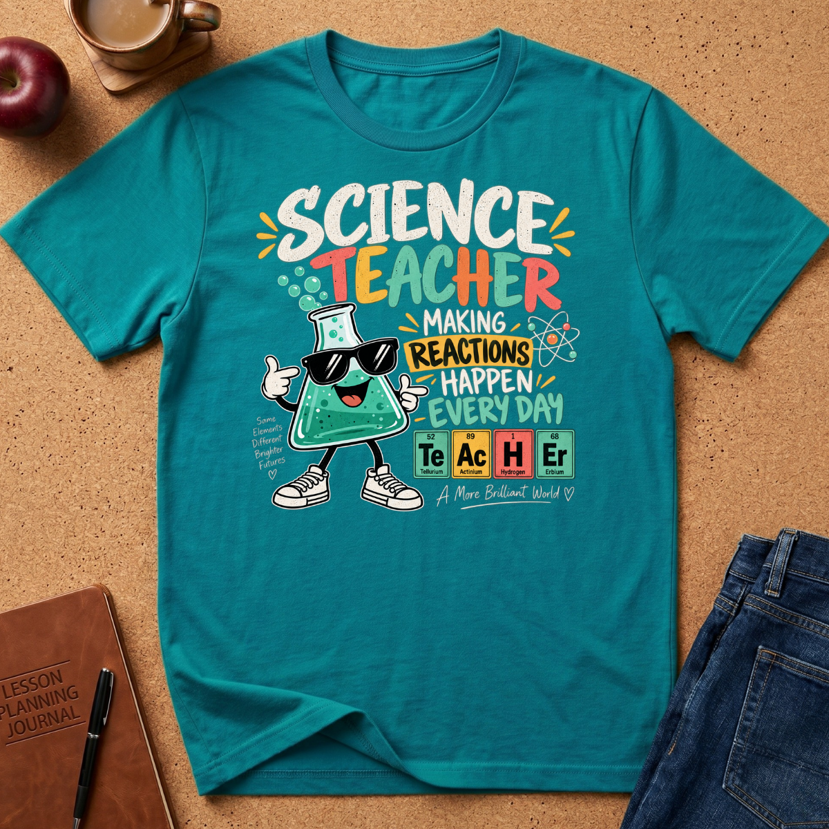 A teal short-sleeve graphic T-shirt laid flat on a cork surface, surrounded by styled props including an apple, coffee cup, notebook, pen, and jeans. The shirt features a colorful 'SCIENCE TEACHER' graphic with a cartoon beaker character and periodic-table-style text blocks.