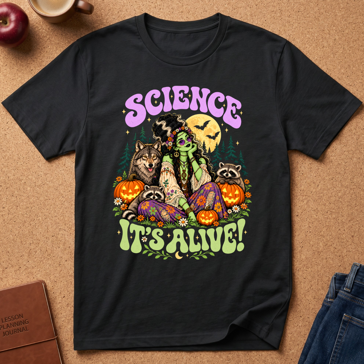 A black graphic t-shirt laid flat on a brown cork background, featuring a colorful Halloween-themed design with the text 'SCIENCE IT'S ALIVE!' and illustrations of a witch, werewolf, raccoon, and pumpkin. Styled flat-lay props include an apple, a coffee cup, a journal, and jeans.