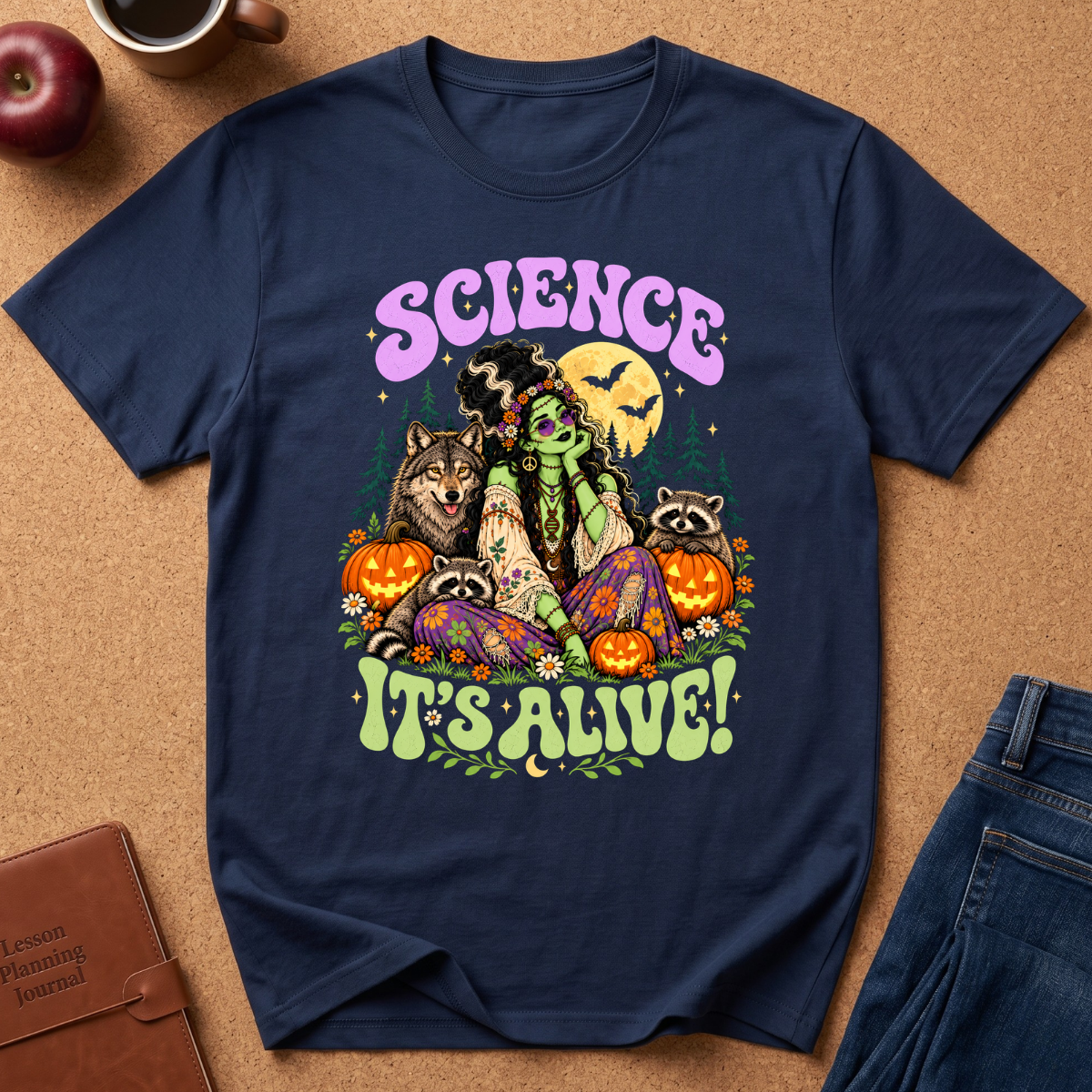 A navy blue graphic t-shirt laid flat on a brown cork background, featuring a colorful Halloween-themed illustration with the text 'SCIENCE IT'S ALIVE!'. The design includes a witch, raccoons, a wolf, pumpkins, bats, and a full moon.