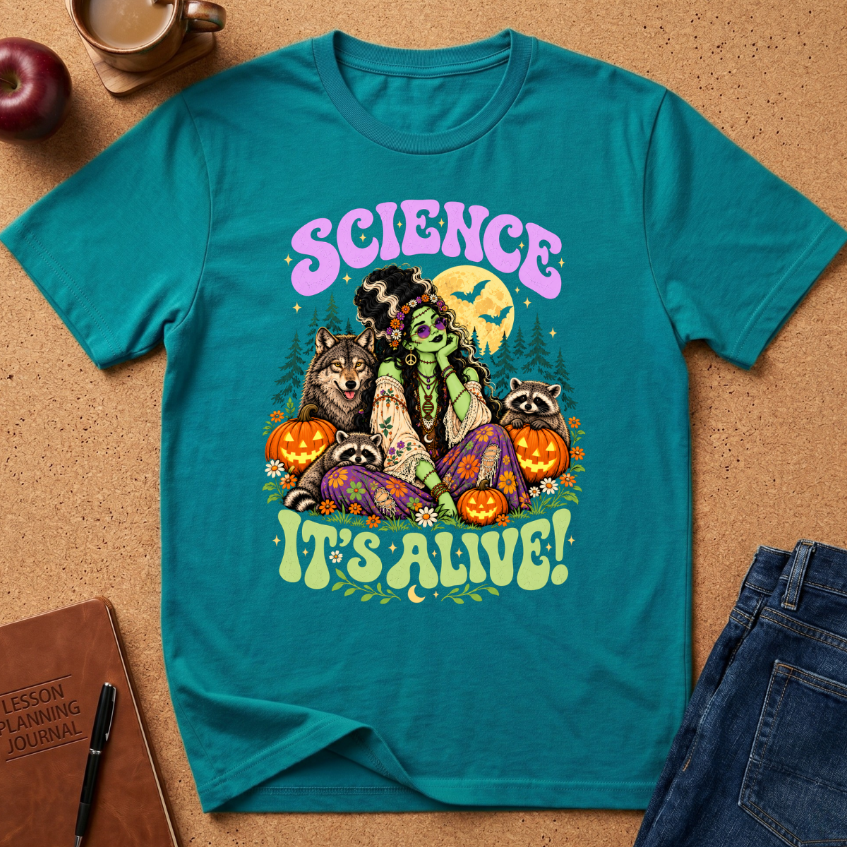 A teal short-sleeve graphic T-shirt laid flat on a cork surface, surrounded by lifestyle props including an apple, coffee cup, notebook, and jeans. The shirt features a colorful Halloween-themed illustration with the words “SCIENCE IT’S ALIVE!” in purple and green lettering.