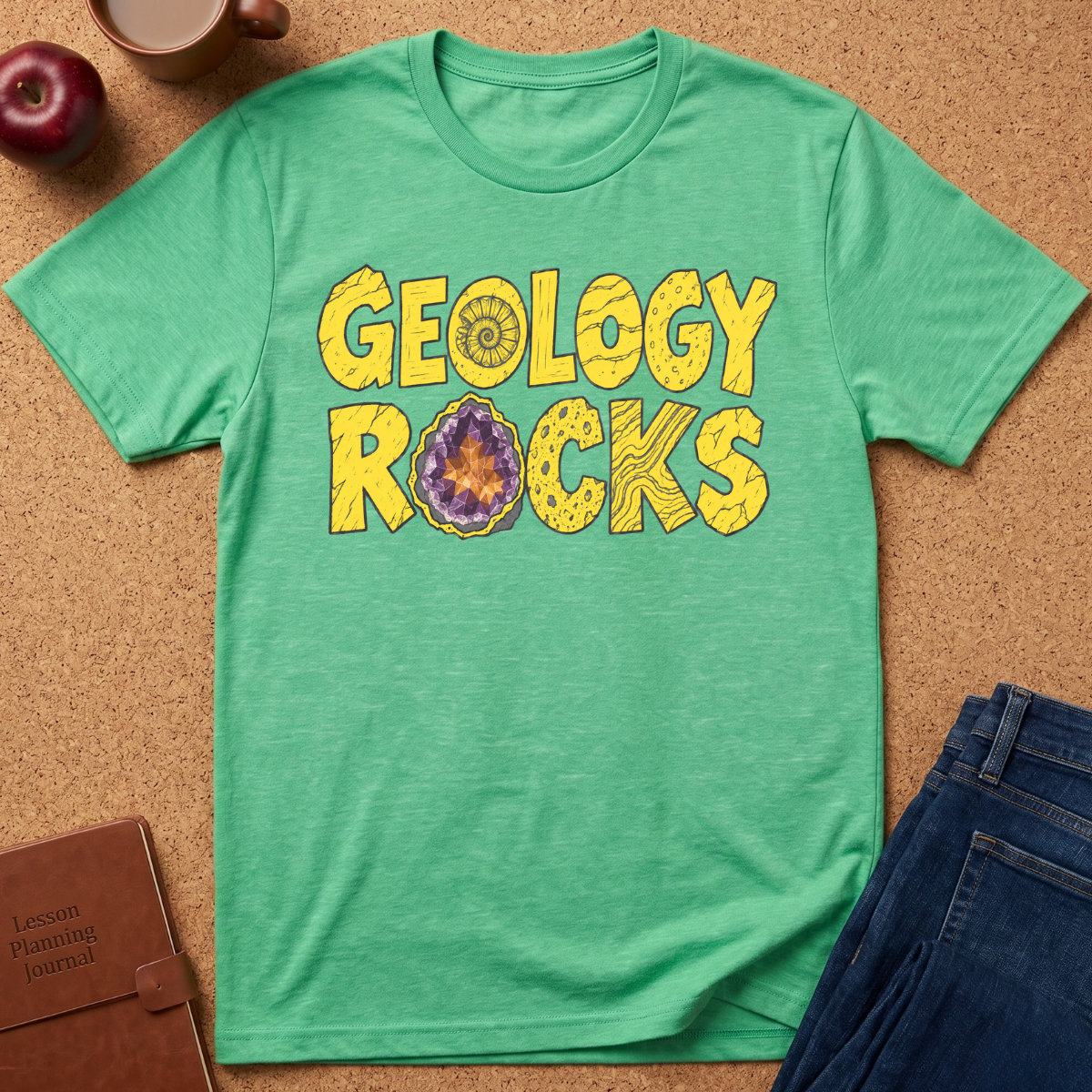 A green short-sleeve graphic T-shirt laid flat on a cork surface, with the words "GEOLOGY ROCKS" printed in yellow across the chest and a geode motif inside the letter O. Surrounding props include an apple, a coffee mug, a brown journal, and folded blue jeans.