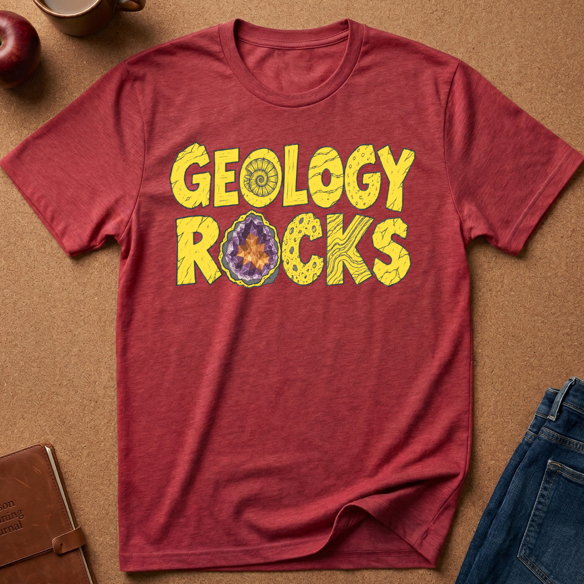 A heathered red t-shirt laid flat on a brown cork-like surface, featuring a large yellow 'GEOLOGY ROCKS' graphic across the chest with a geode design inside the letter O. Styled flat-lay props include an apple, notebook, coffee cup, and blue jeans around the shirt.