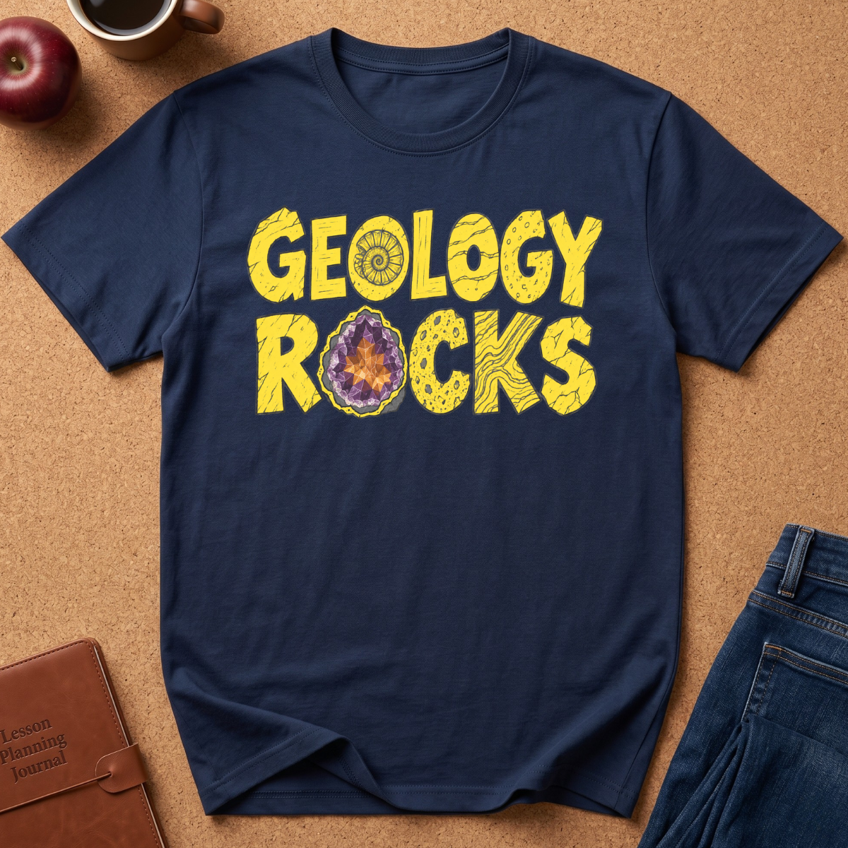 A navy blue short-sleeve t-shirt with a yellow 'GEOLOGY ROCKS' graphic printed on the front, laid flat on a cork board background with lifestyle props including an apple, a coffee cup, a leather journal, and jeans.