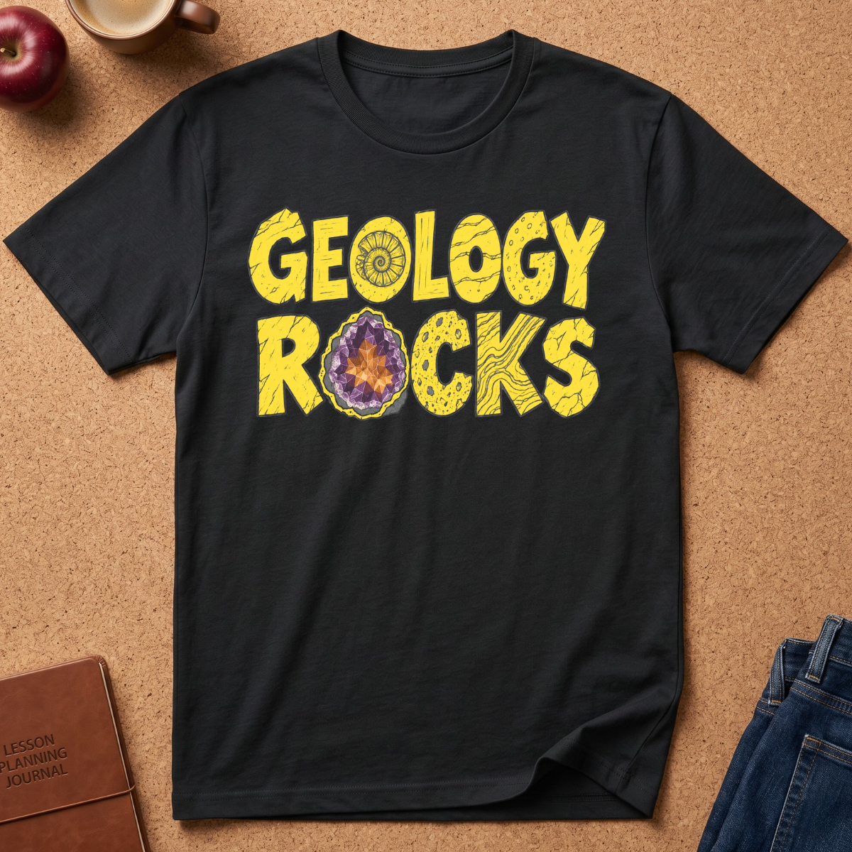 A black short-sleeve graphic T-shirt laid flat on a cork surface, featuring the words “GEOLOGY ROCKS” in yellow textured letters, with a geode illustration inside the letter O. Styled flat-lay props include an apple, a coffee cup, a journal, and jeans around the shirt.