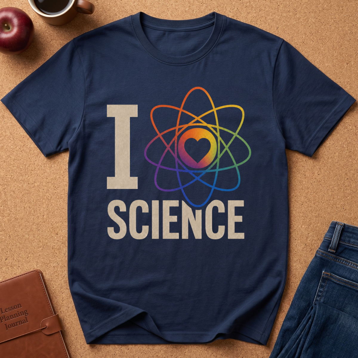 A navy blue graphic t-shirt laid flat on a brown cork background, featuring the text 'I SCIENCE' with a colorful rainbow atom design. Styled flat-lay props include an apple, a coffee cup, a leather journal, and blue jeans.