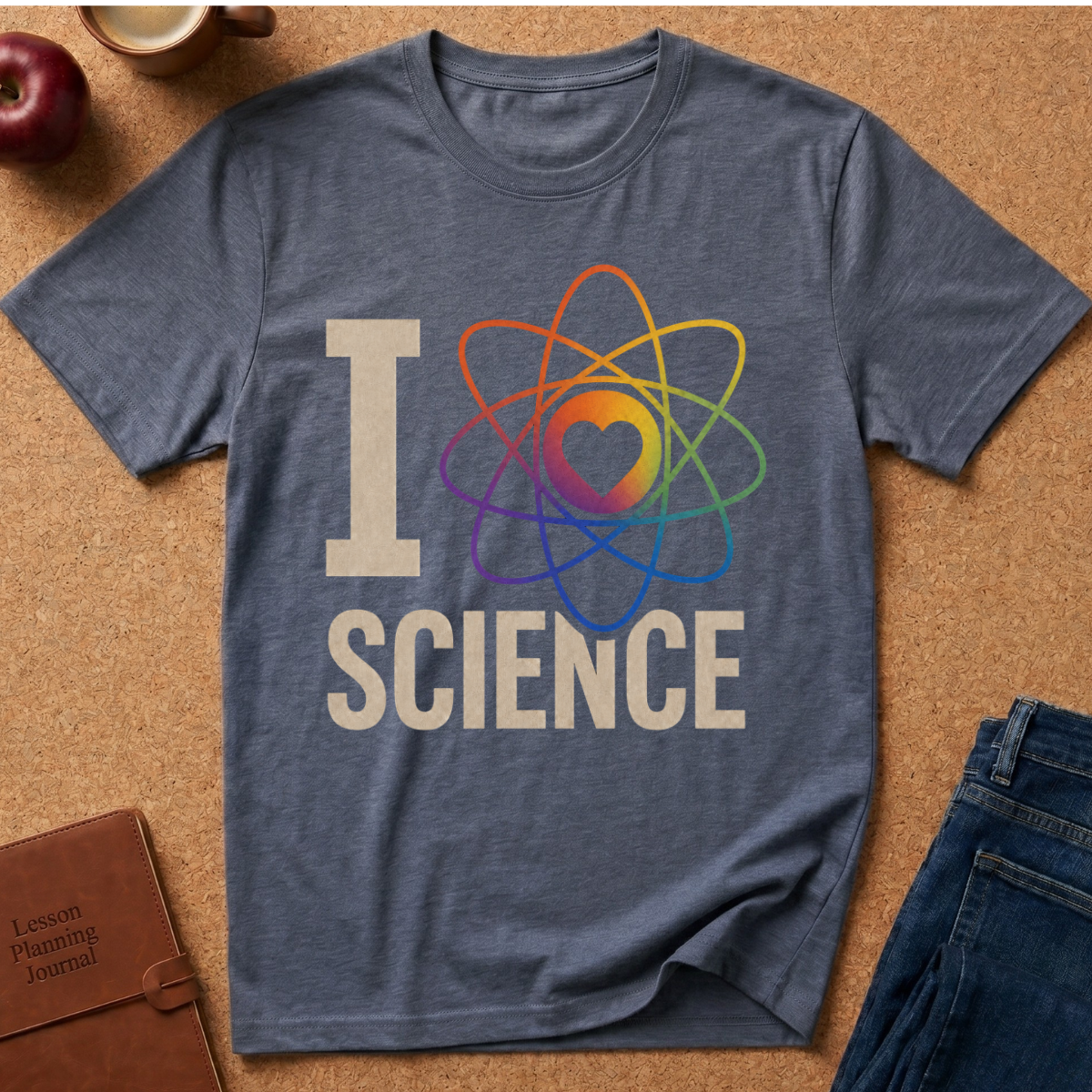 A heathered slate blue t-shirt laid flat on a cork background, featuring a graphic that reads 'I SCIENCE' with a rainbow atom symbol. Styled flat-lay props include an apple, a coffee cup, a brown journal, and blue jeans.