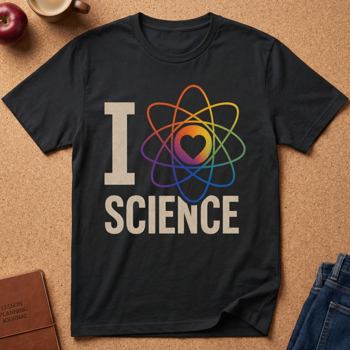 A black short-sleeve t-shirt laid flat on a cork surface, featuring a large graphic that reads 'I SCIENCE' with an atom symbol and heart in rainbow colors. Surrounding props include an apple, a coffee cup, a journal, and jeans.