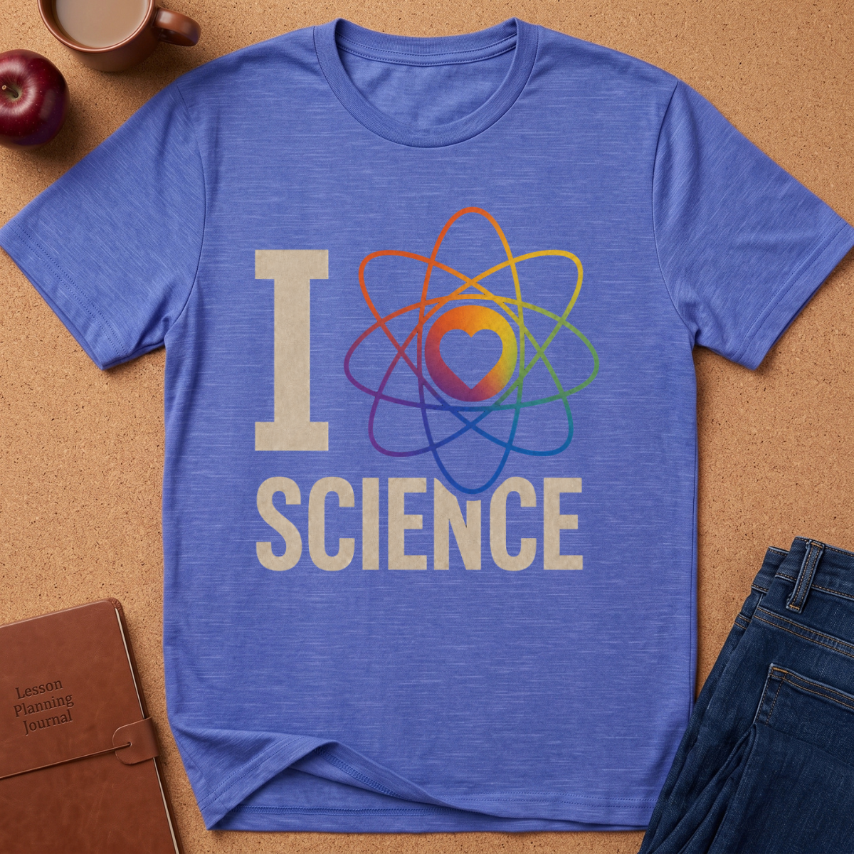 A heathered blue short-sleeve t-shirt laid flat on a cork background, featuring a graphic that reads 'I SCIENCE' with an atom symbol where the O is a heart in the center. Styled flat-lay props include an apple, coffee cup, notebook, and jeans around the shirt.