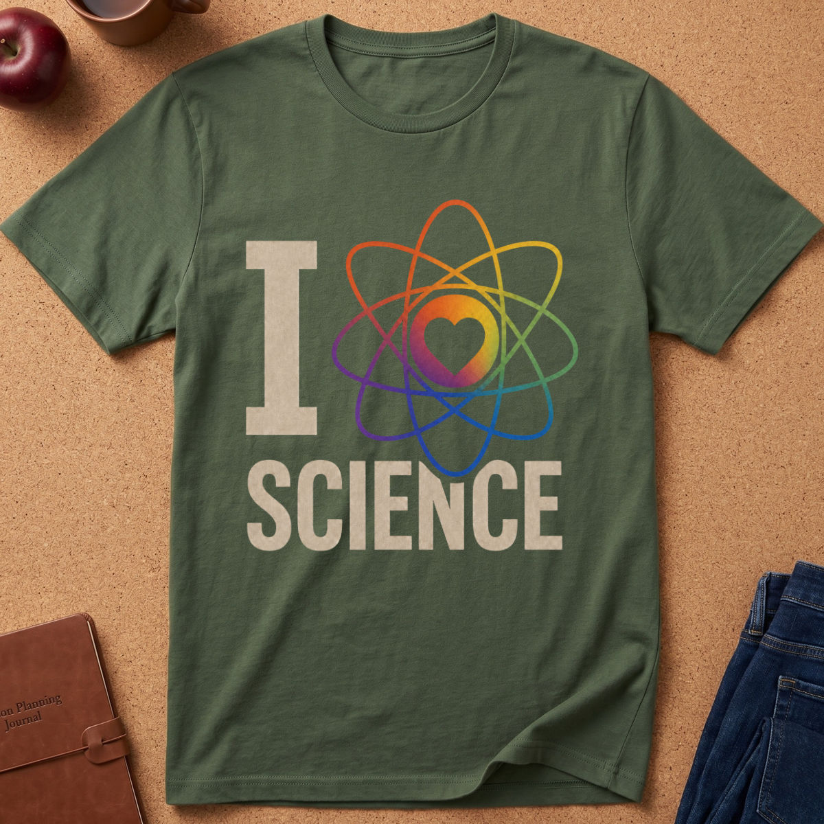 An olive green short-sleeve t-shirt laid flat on a cork background, featuring a graphic that reads 'I SCIENCE' with a rainbow atom symbol. Styled flat-lay props include an apple, a notebook, and blue jeans.