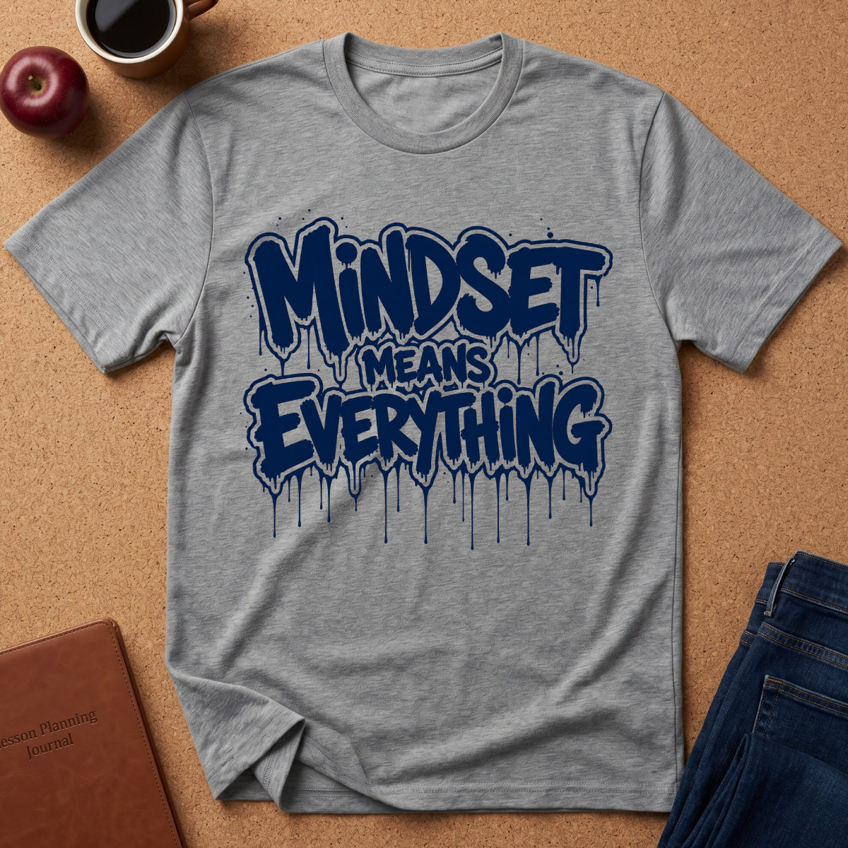 A heather gray crewneck t-shirt with a dark blue dripping graphic that reads 'Mindset Means Everything' laid flat on a cork background with lifestyle props including an apple, coffee cup, notebook, and jeans.