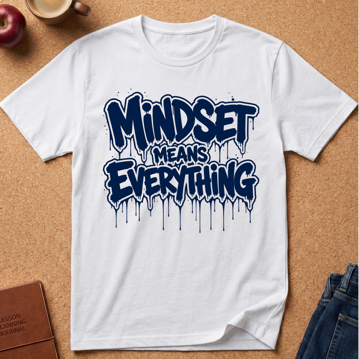 A white short-sleeve graphic T-shirt laid flat on a cork background, featuring the phrase 'Mindset Means Everything' in dark blue dripping graffiti-style lettering. Styled flat-lay props include a red apple, a coffee cup, a brown journal, and blue jeans.