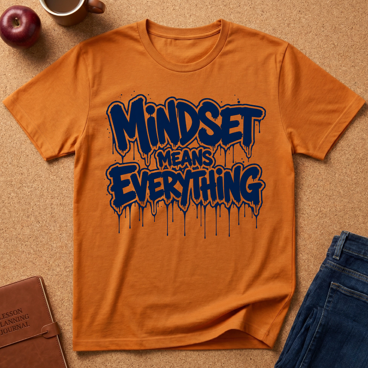 An orange crewneck t-shirt with a dark blue dripping graffiti-style graphic that reads 'Mindset Means Everything'. The shirt is presented in a flat-lay arrangement on a cork background, surrounded by lifestyle props including a brown leather journal, a red apple, a coffee mug, and a pair of blue jeans.