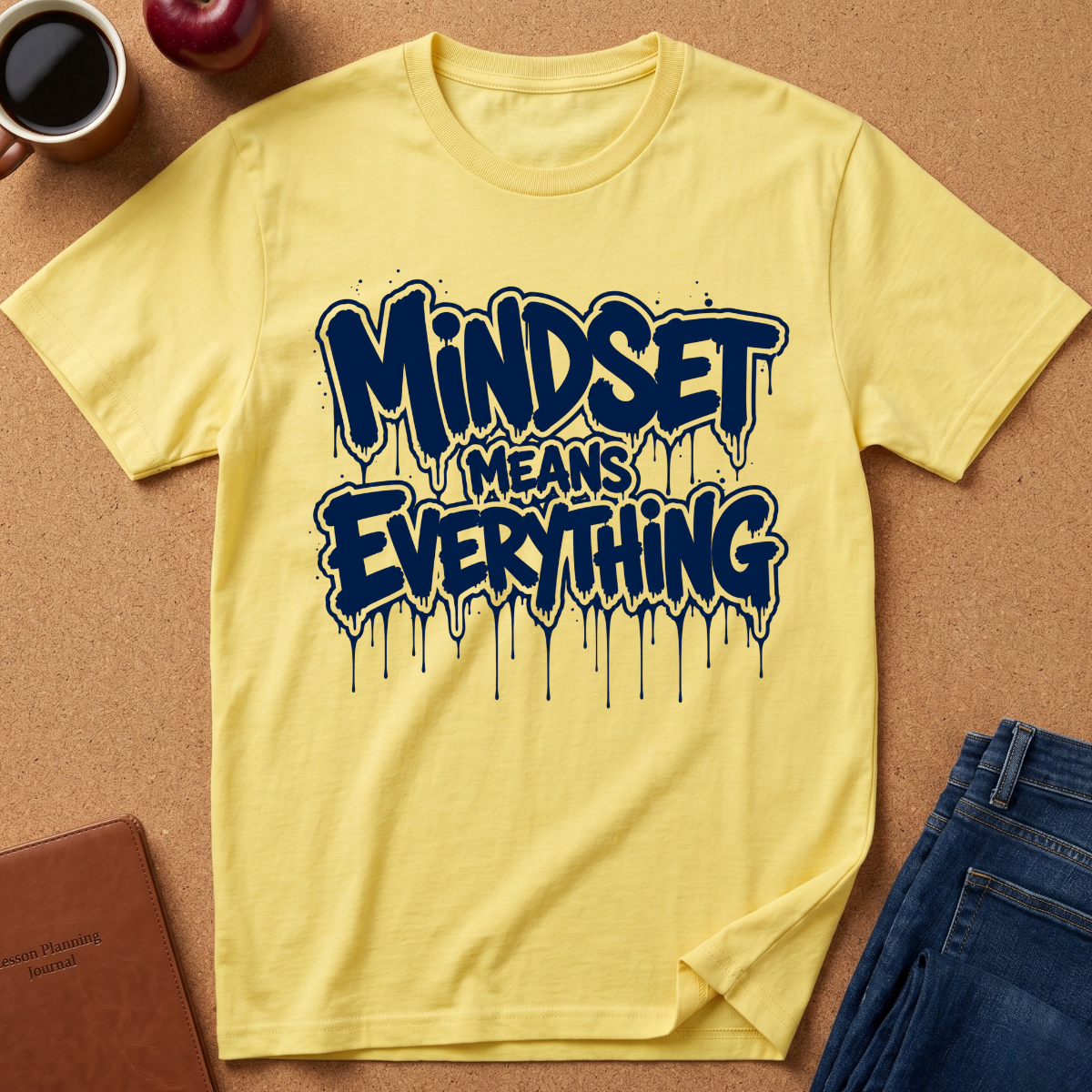 A yellow short-sleeve graphic T-shirt laid flat on a cork surface, with the phrase 'Mindset Means Everything' printed in dark navy dripping lettering across the chest. Surrounding props include a coffee cup, apple, notebook, and folded blue jeans.