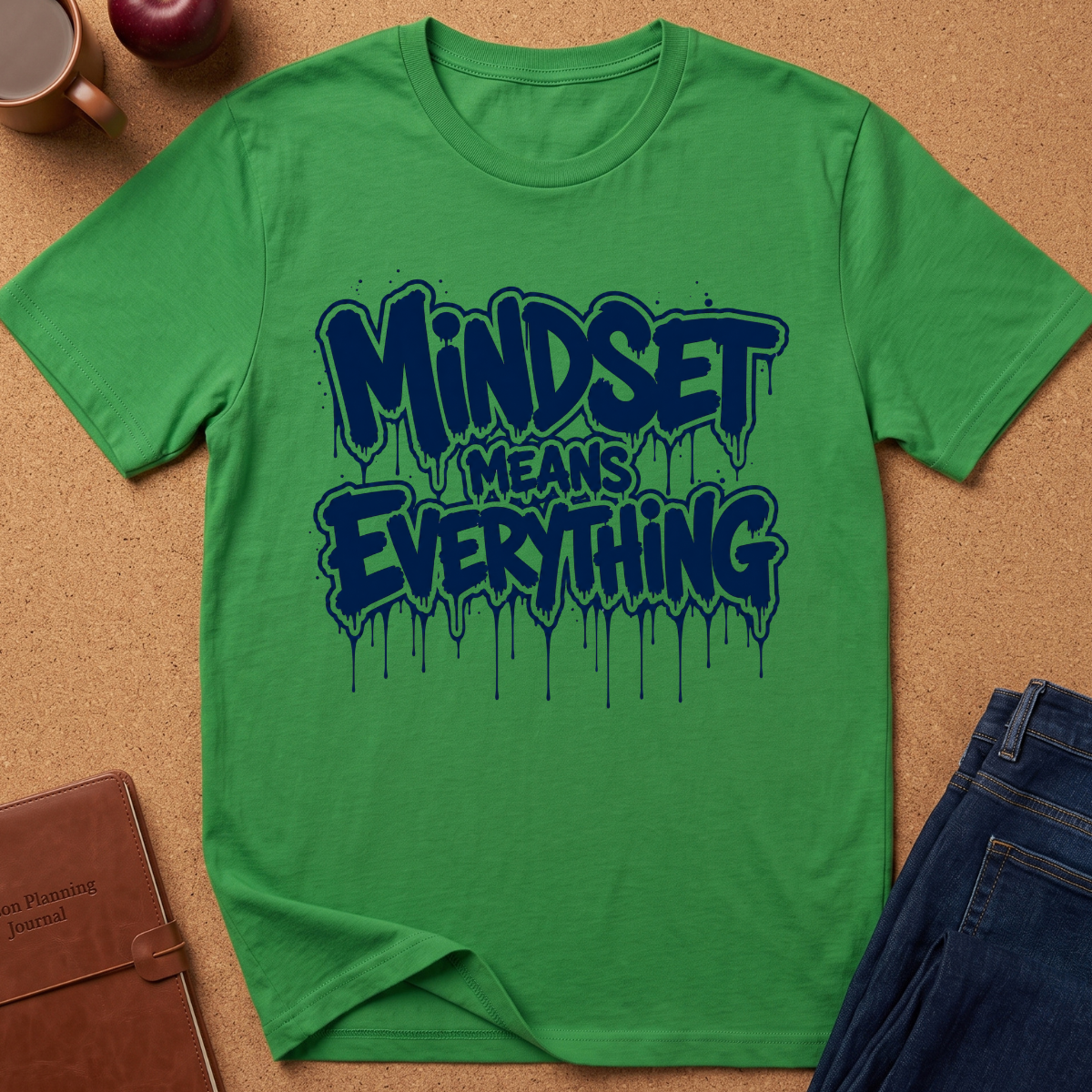 A green short-sleeve t-shirt with a dark blue dripping graphic that reads 'Mindset Means Everything' laid flat on a cork background, styled with a coffee mug, apple, brown journal, and blue jeans.