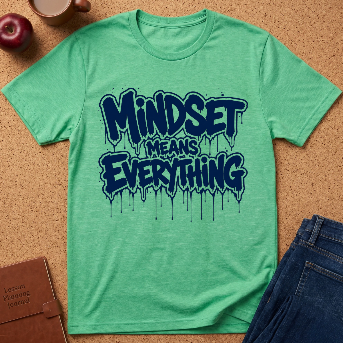 A mint green heather t-shirt with a dark blue dripping graffiti-style graphic that reads 'Mindset Means Everything'. The shirt is laid flat on a cork background, surrounded by lifestyle props including an apple, a coffee mug, a brown leather journal, and a pair of blue jeans.