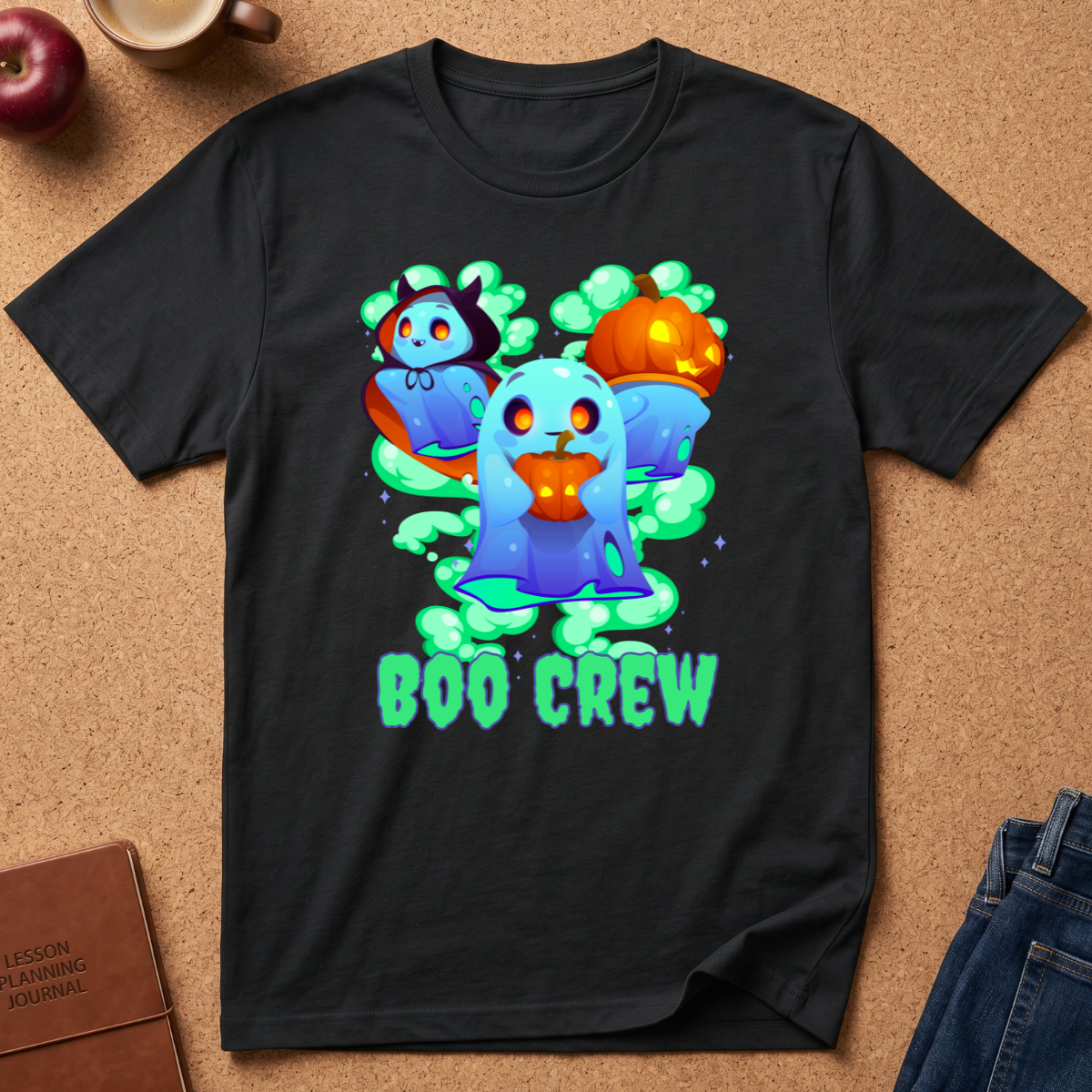 A black short-sleeve graphic T-shirt laid flat on a cork surface, featuring three cartoon ghosts in blue, purple, and orange with green slime and the words 'BOO CREW' in bright green. Partial props around the shirt include an apple, a mug, a journal, and jeans.