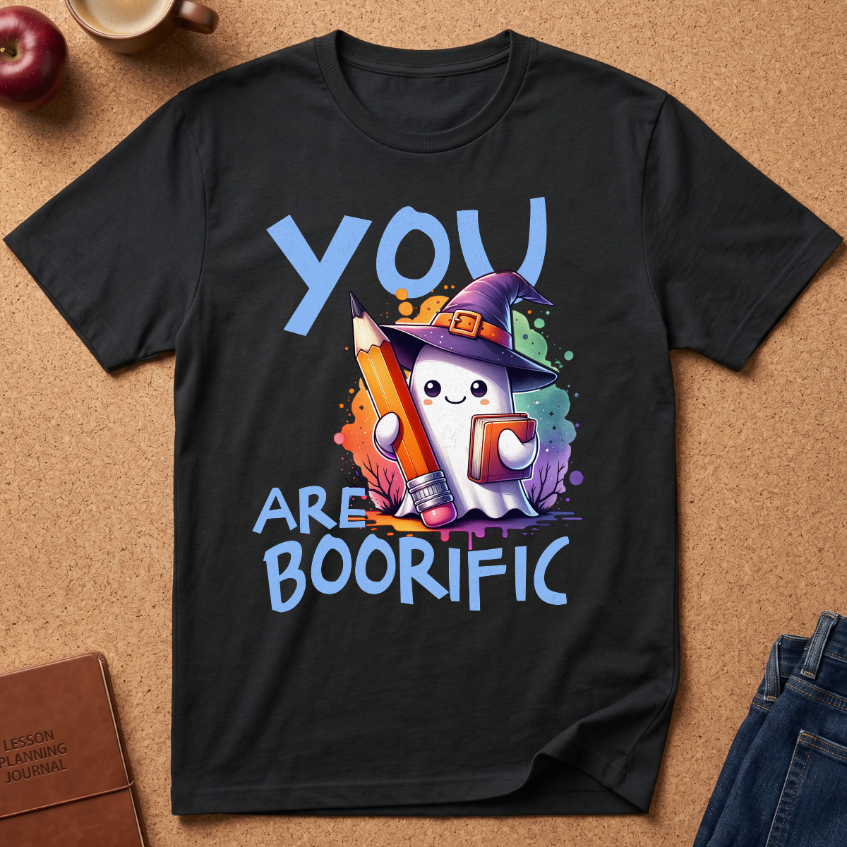 A black graphic t-shirt laid flat on a brown cork background, featuring a colorful cartoon illustration of a smiling ghost in a witch hat holding a pencil, with the text 'YOU ARE BOORIFIC' in light blue. Styled flat-lay props include an apple, a coffee cup, a journal, and jeans.
