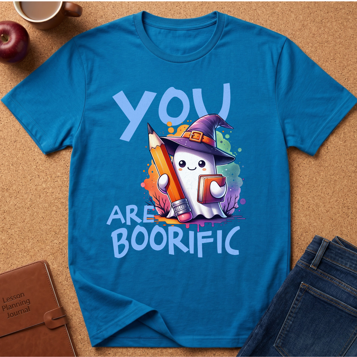 A bright blue graphic t-shirt laid flat on a cork board background, featuring a cute cartoon ghost in a witch hat holding a colorful pencil. The text on the shirt reads 'YOU ARE BOORIFIC'.