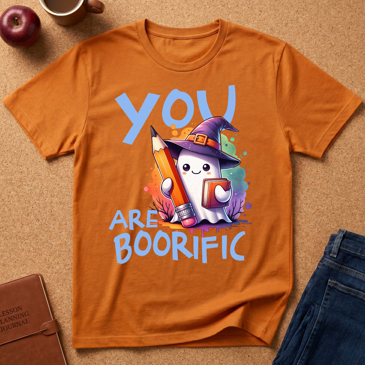 An orange graphic t-shirt laid flat on a cork background, featuring a cute cartoon ghost in a witch hat holding a pencil and a book, with the text 'YOU ARE BOORIFIC' in light blue. Styled flat-lay props include an apple, a coffee mug, a journal, and folded jeans.