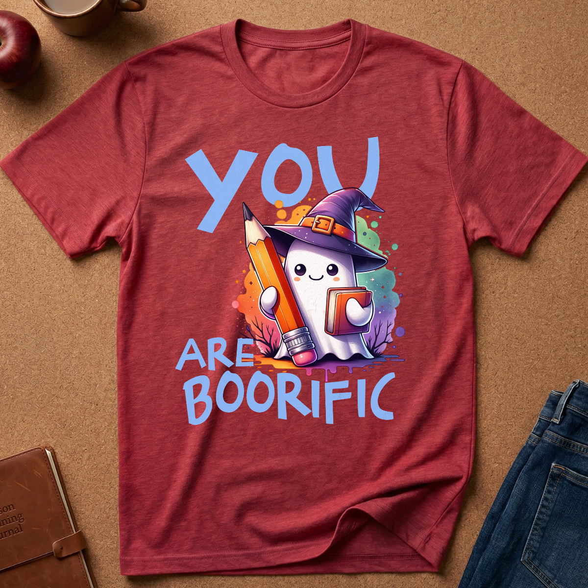 A heathered red graphic t-shirt laid flat on a brown cork background, featuring a cute cartoon ghost and pencil illustration with the text 'YOU ARE BOORIFIC'.