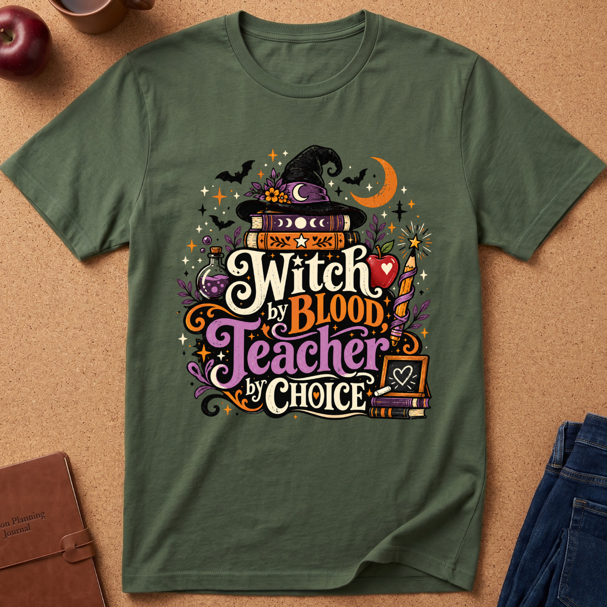 An olive green short-sleeve t-shirt with a colorful Halloween-themed graphic reading 'Witch by Blood Teacher by Choice'. The graphic features a witch hat, books, bats, a crescent moon, and candy canes on a cork board background with styled props like an apple, a brown leather journal, and blue jeans.