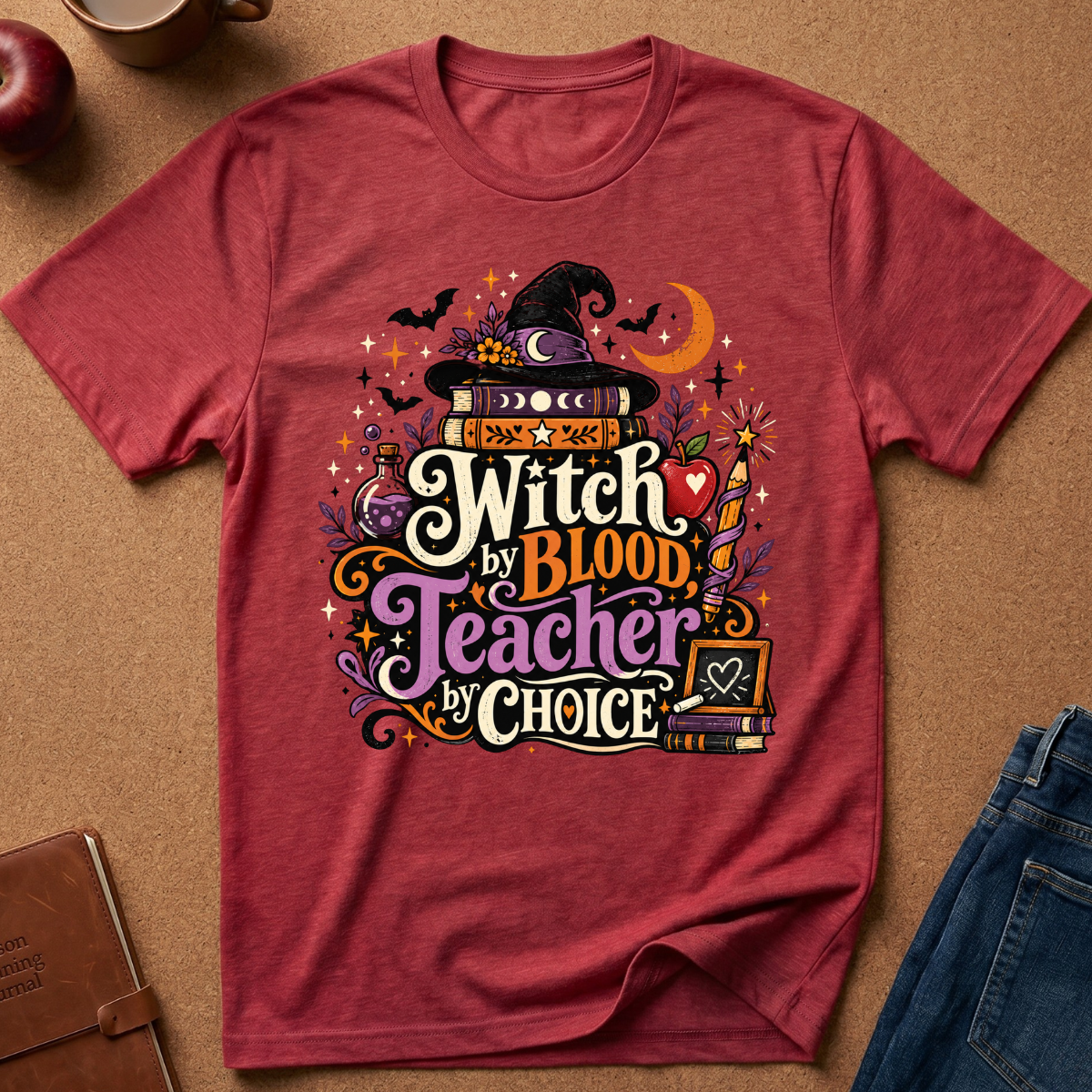 A heathered red short-sleeve t-shirt laid flat on a brown cork-like surface, featuring a colorful Halloween-themed graphic with the text 'Witch by Blood Teacher by Choice' and illustrations of a witch hat, books, bats, a crescent moon, flowers, and a chalkboard. Partial props including an apple, mug, notebook, and jeans are visible around the shirt.
