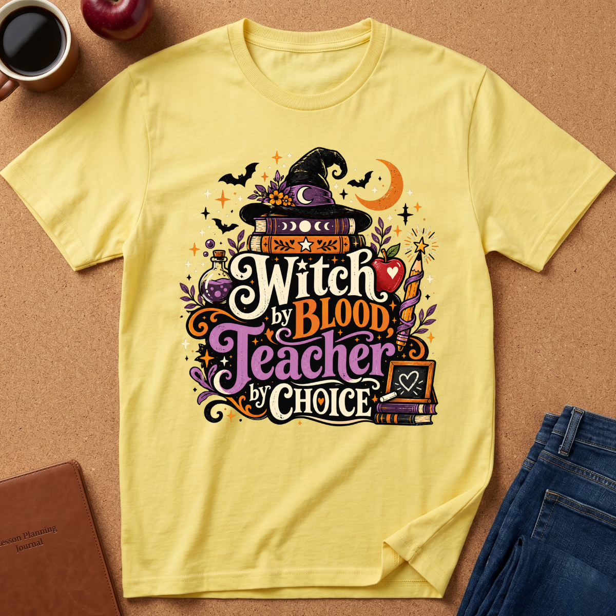 A pale yellow graphic T-shirt laid flat on a cork surface, surrounded by lifestyle props including a coffee mug, apple, notebook, and jeans. The shirt features a large Halloween-themed graphic with the text 'Witch by Blood Teacher by Choice' in stylized lettering, a witch hat, books, bats, stars, and decorative accents.
