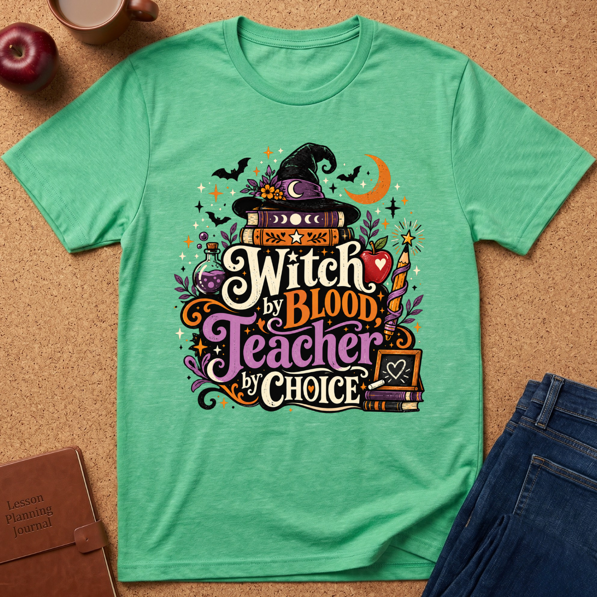 A mint green graphic t-shirt laid flat on a cork background, featuring a colorful Halloween-themed design with the text 'Witch by Blood Teacher by Choice'. The design includes a witch hat, books, bats, a crescent moon, and a cauldron.
