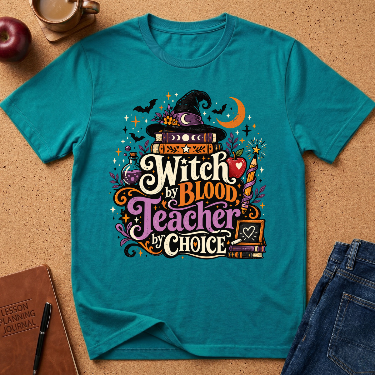 A teal short-sleeve graphic T-shirt laid flat on a cork surface, surrounded by styled props including an apple, a coffee cup, a journal, and jeans. The shirt features a large Halloween-themed front print with stacked books, a witch hat, bats, stars, and the phrase 'Witch by Blood Teacher by Choice' in decorative lettering.