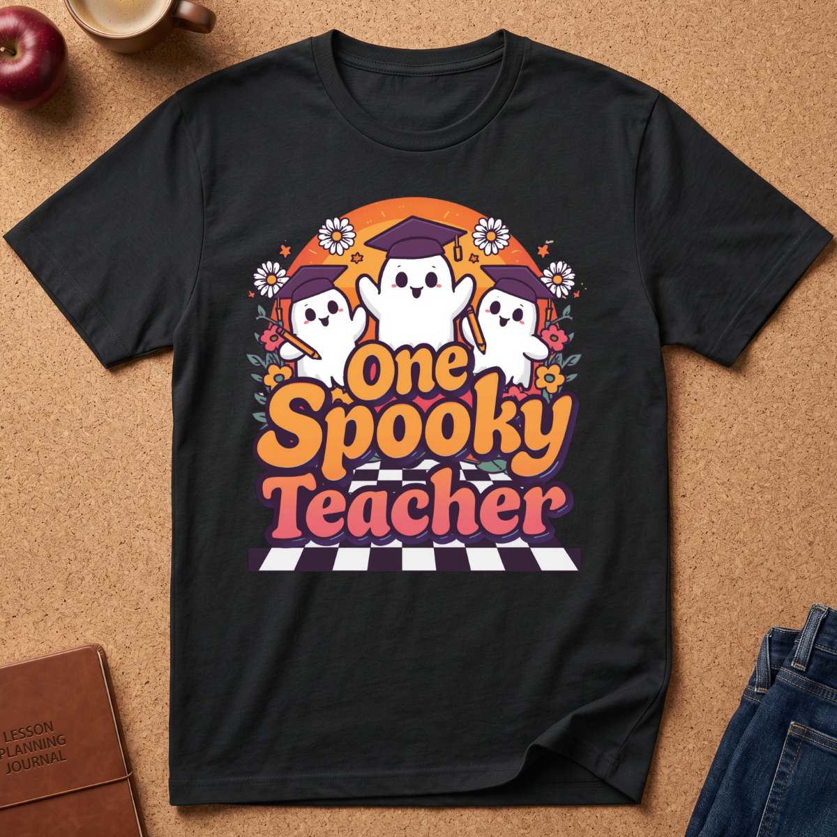 A black short-sleeve graphic T-shirt laid flat on a cork surface, featuring three cartoon ghosts wearing graduation caps and the phrase 'One Spooky Teacher' in orange, pink, and purple lettering. Styled flat-lay props include an apple, a mug, a journal, and jeans around the shirt.