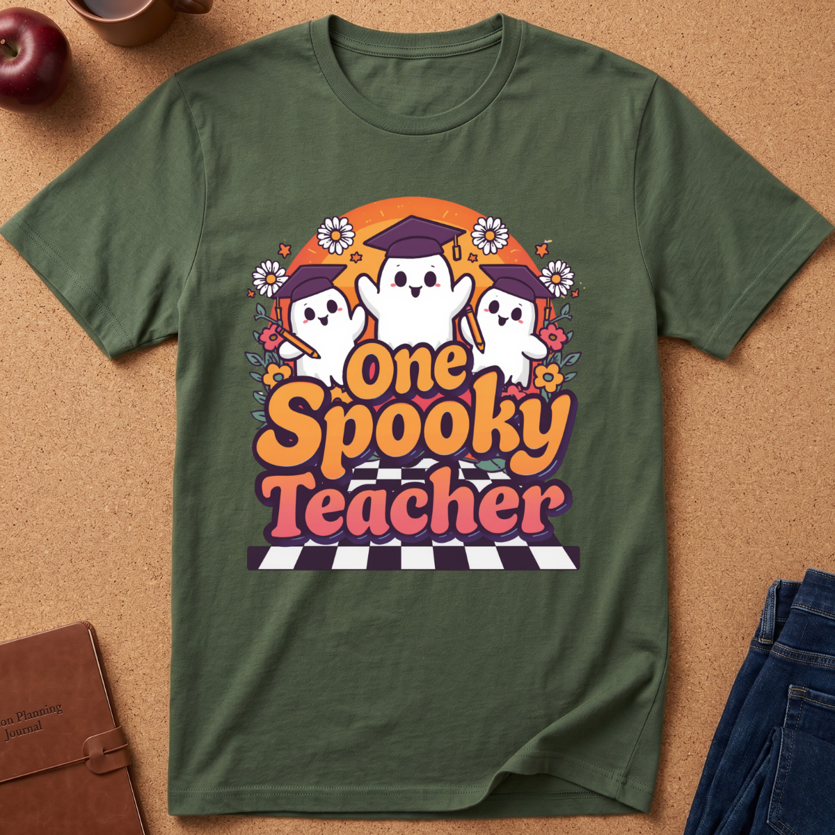 An olive green short-sleeve t-shirt laid flat on a cork background, featuring a colorful graphic of three cute white ghosts wearing graduation caps with the text 'One Spooky Teacher' in orange, pink, and purple.