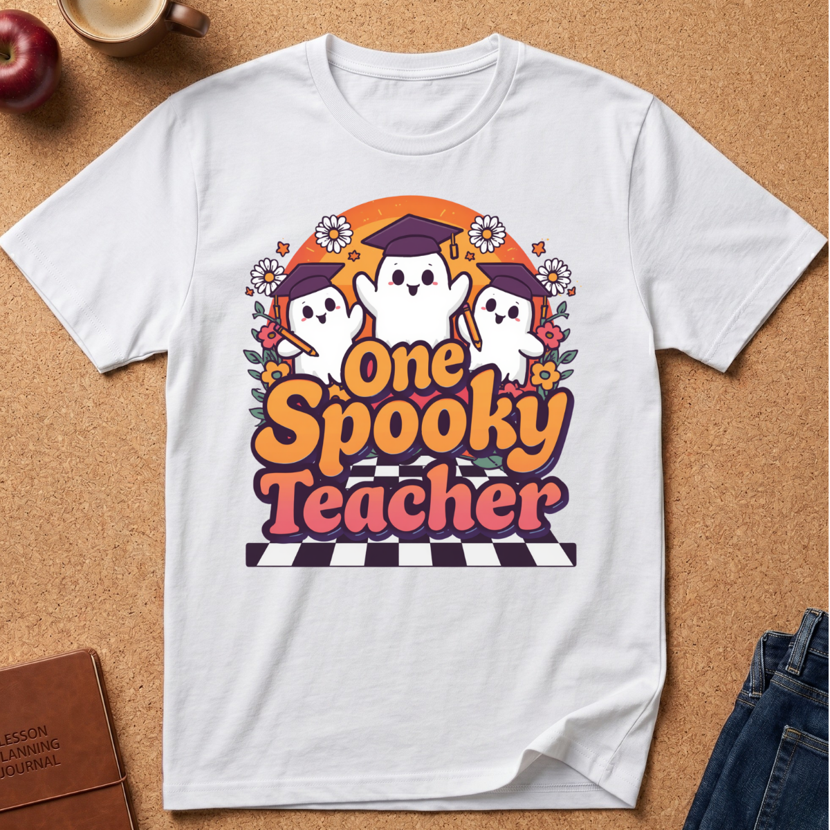 A white short-sleeve graphic T-shirt laid flat on a cork background, featuring three cartoon ghosts wearing graduation caps and the text 'One Spooky Teacher' in orange, pink, and purple. Decorative flowers and a striped base are part of the print.