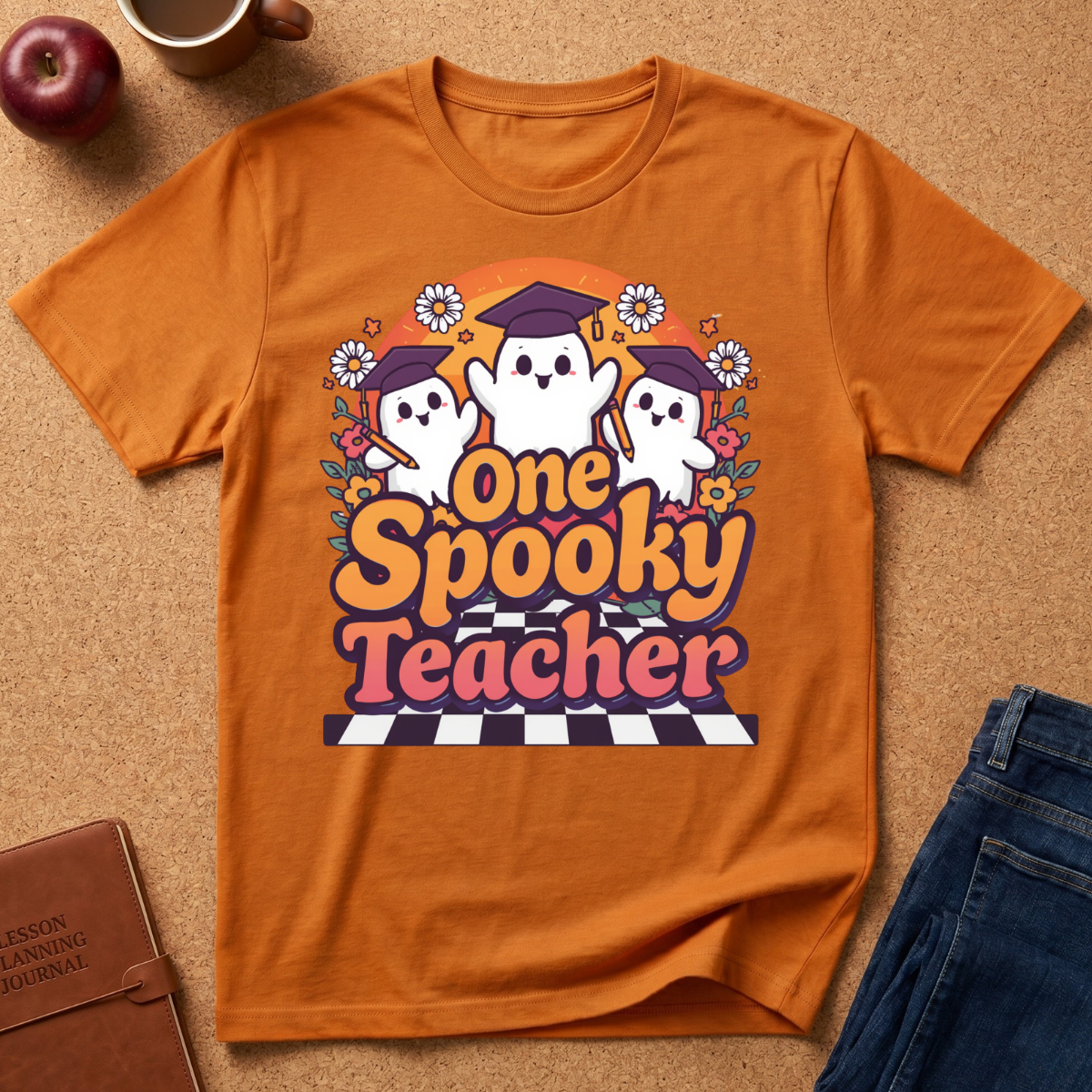 An orange graphic t-shirt laid flat on a cork background, featuring a cute Halloween-themed design with three cartoon ghosts wearing graduation caps and the text 'One Spooky Teacher' in orange, pink, and purple. Styled flat-lay props include an apple, a coffee mug, a brown journal, and blue jeans.