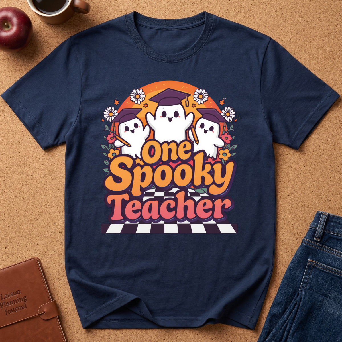 A navy blue graphic t-shirt laid flat on a brown cork background, featuring a Halloween-themed design with three cartoon ghosts wearing graduation caps and the text 'One Spooky Teacher' in orange, pink, and white. Styled flat-lay props include an apple, a coffee cup, a brown journal, and blue jeans.