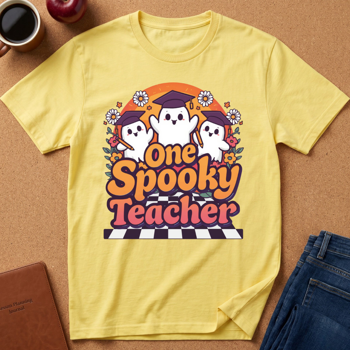 A yellow short-sleeve graphic T-shirt laid flat on a cork surface, featuring three cartoon ghosts wearing graduation caps with the text 'One Spooky Teacher' in orange and pink. Surrounding props include a coffee cup, apple, notebook, and jeans.