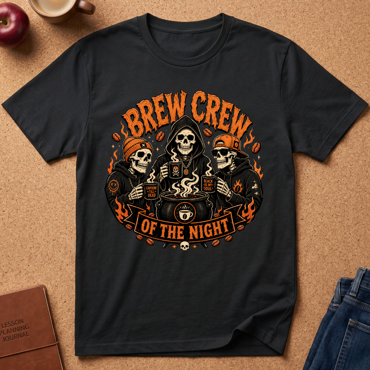 A black graphic t-shirt laid flat on a brown cork-like surface, featuring an orange and cream illustration of three skeleton figures around a cauldron with the text 'BREW CREW OF THE NIGHT'. Partial props are visible around the edges, including an apple, a mug, a journal, and jeans.