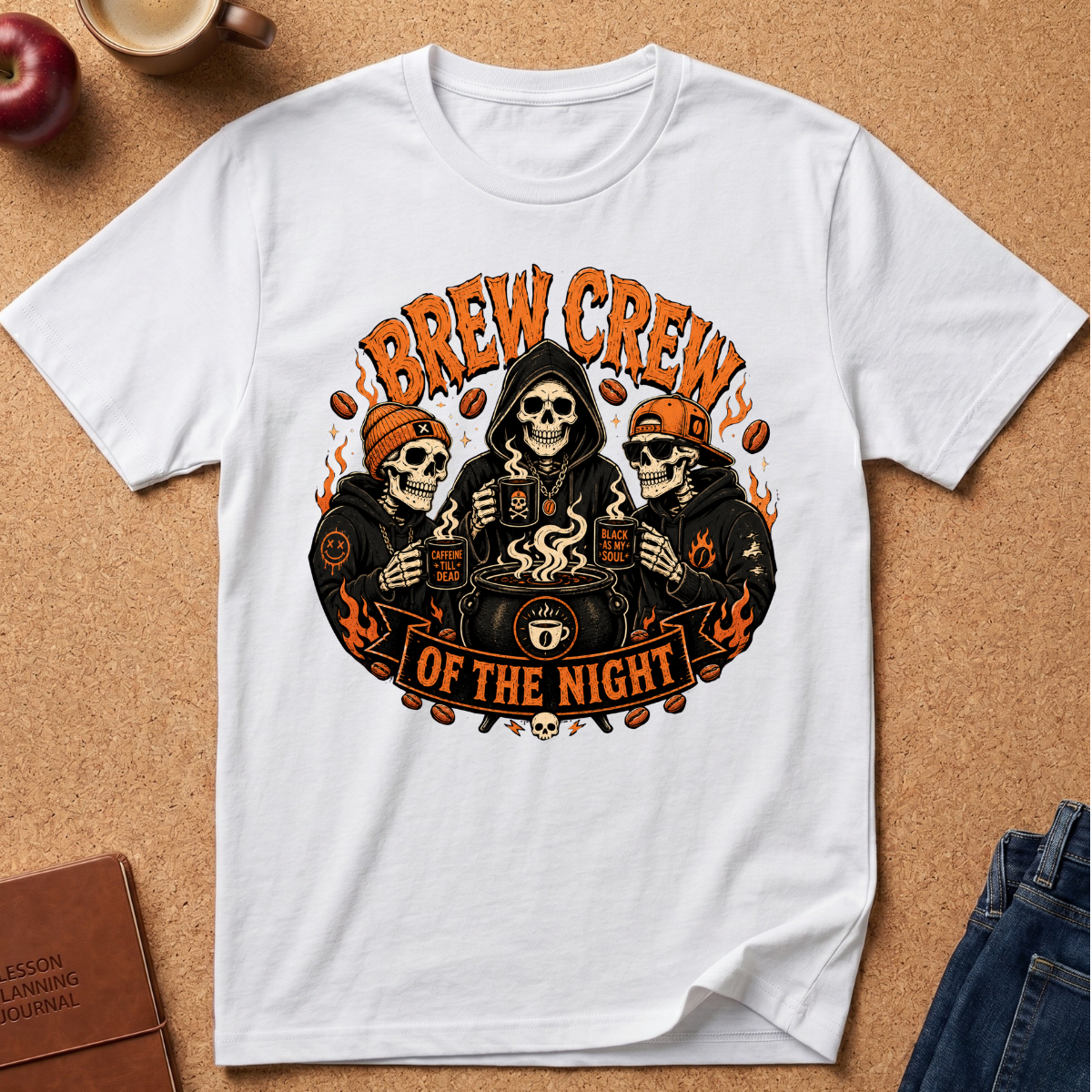 A white short-sleeve graphic T-shirt laid flat on a cork background, featuring three hooded skeleton figures with skulls and flames, plus the text 'BREW CREW OF THE NIGHT.' Styled flat-lay props include an apple, a mug, a notebook, and folded jeans around the shirt.
