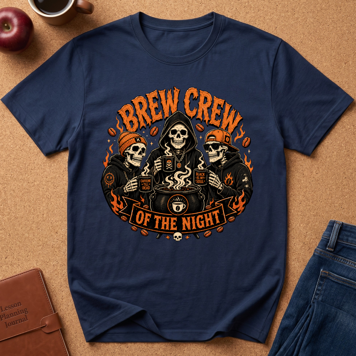 A navy blue graphic t-shirt laid flat on a brown cork background, featuring a Halloween-themed design with three skeleton brewers, a cauldron, and the text 'BREW CREW OF THE NIGHT'.