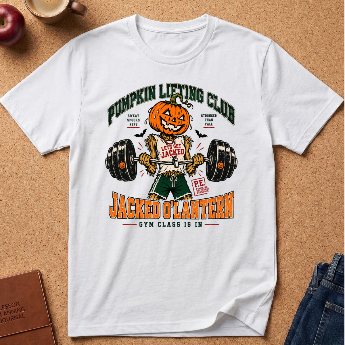 A white short-sleeve graphic T-shirt laid flat on a cork background, featuring a Halloween-themed barbell-lifting design with a pumpkin-headed figure and the text 'Pumpkin Lifting Club' and 'Jacked Lantern Gym Class Is In.'.