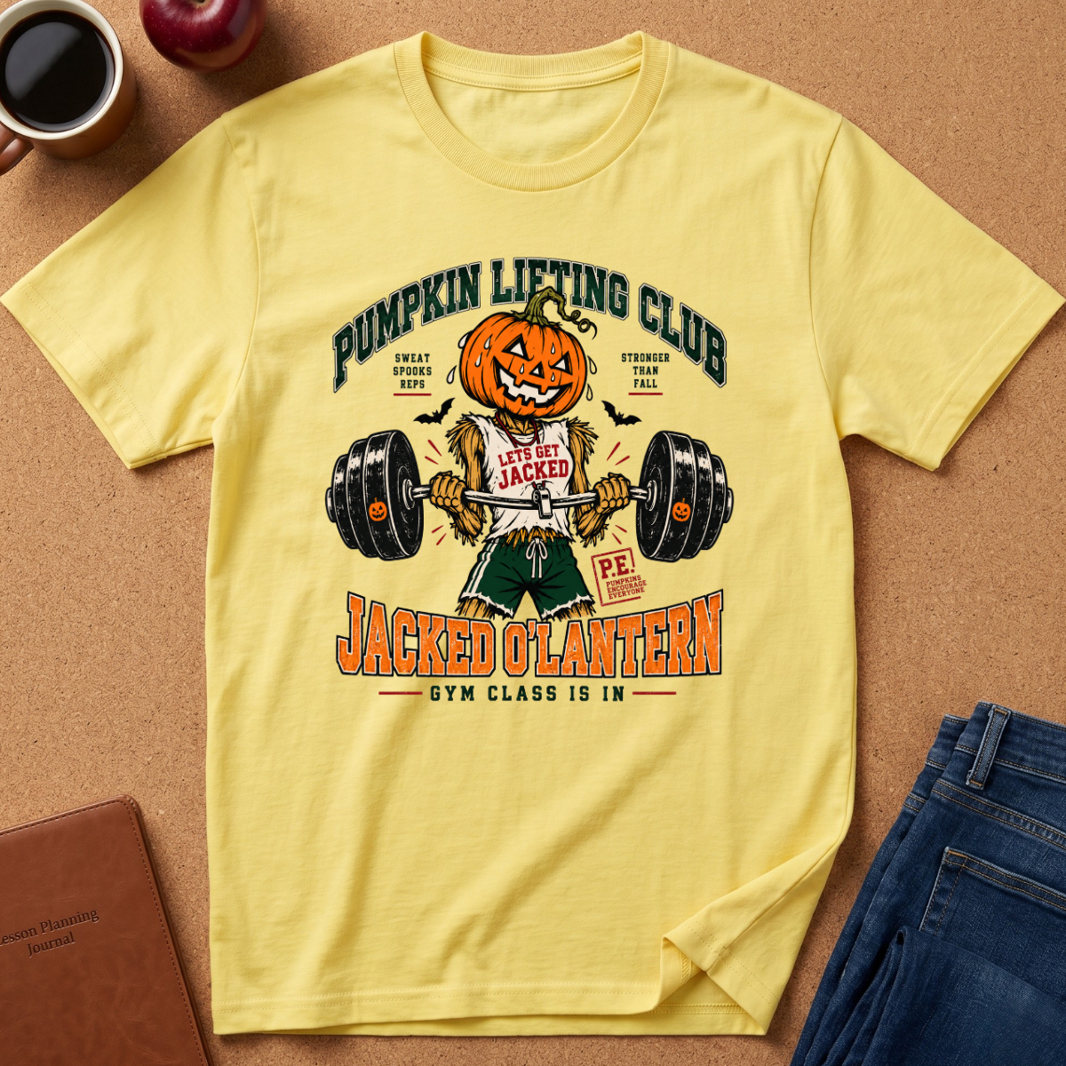 A pale yellow graphic T-shirt laid flat on a cork surface, featuring a Halloween-themed gym club design with a pumpkin character lifting a barbell and the text 'Pumpkin Lifting Club' and 'Jacked Olantern Gym Class Is In.' Surrounding props include a coffee cup, apple, notebook, and folded jeans.