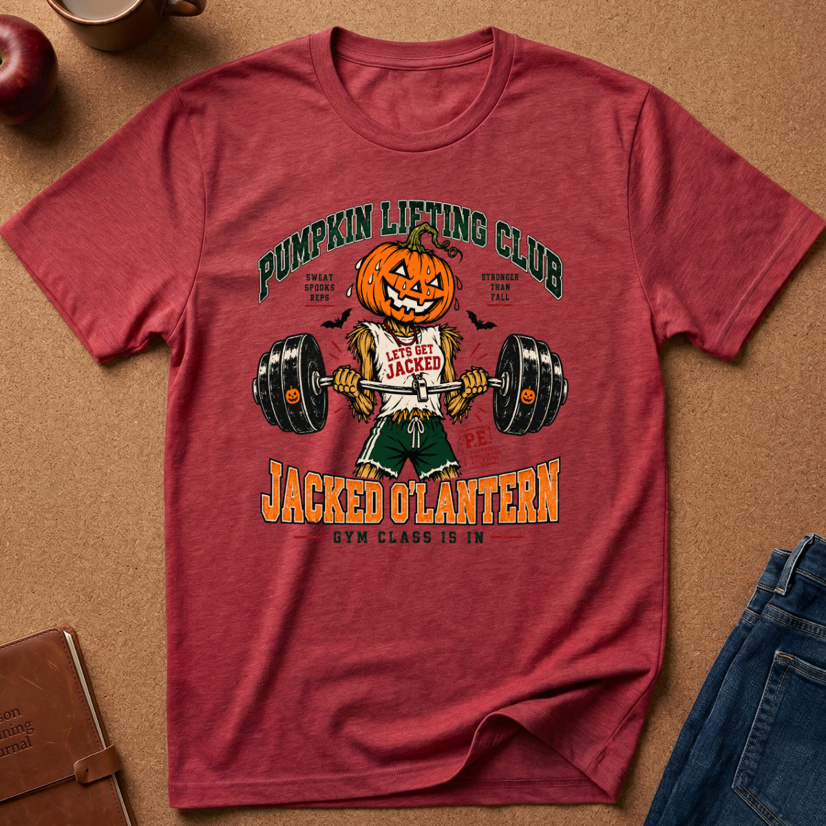 A heathered red short-sleeve t-shirt with a vintage-style graphic of a jack-o'-lantern character lifting a barbell, with the text 'Pumpkin Lifting Club' and 'Jacked O'Lantern'. The shirt is displayed in a flat-lay arrangement on a brown cork background with a coffee mug, apple, notebook, and jeans partially visible.