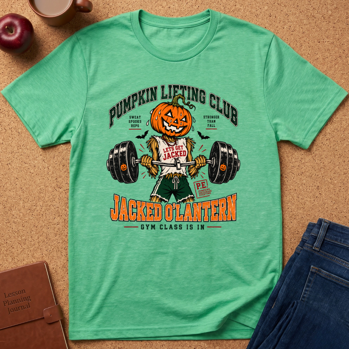 A mint green graphic t-shirt laid flat on a cork background, featuring a Halloween-themed gym club design with a jack-o'-lantern lifting a barbell and the text 'Pumpkin Lifting Club' and 'Jacked O'Lantern'.