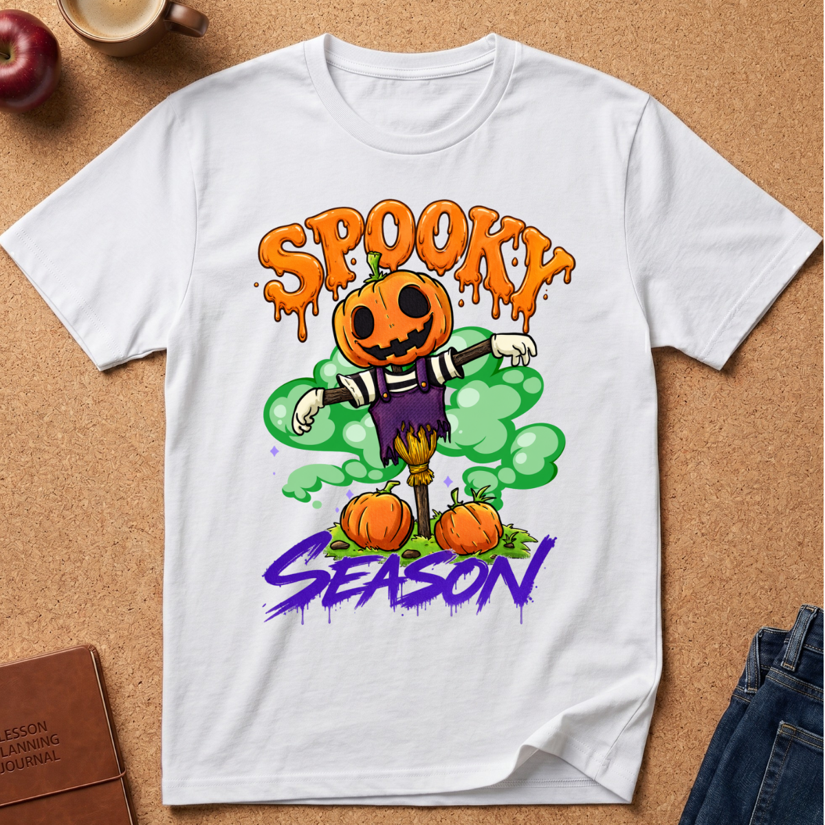 A white short-sleeve graphic T-shirt laid flat on a cork surface, featuring a Halloween scarecrow design with the words 'SPOOKY' in orange above and 'SEASON' in purple below. The shirt is styled with partial props including an apple, a mug, a journal, and jeans.