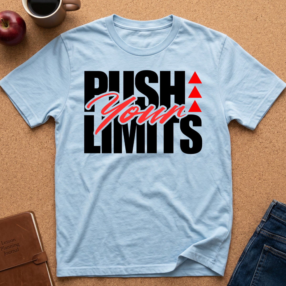 A light blue crewneck t-shirt laid flat on a cork background, featuring a graphic print that reads 'PUSH YOUR LIMITS' in black and red script, with three red triangles. A coffee mug, apple, notebook, and jeans are styled around it.