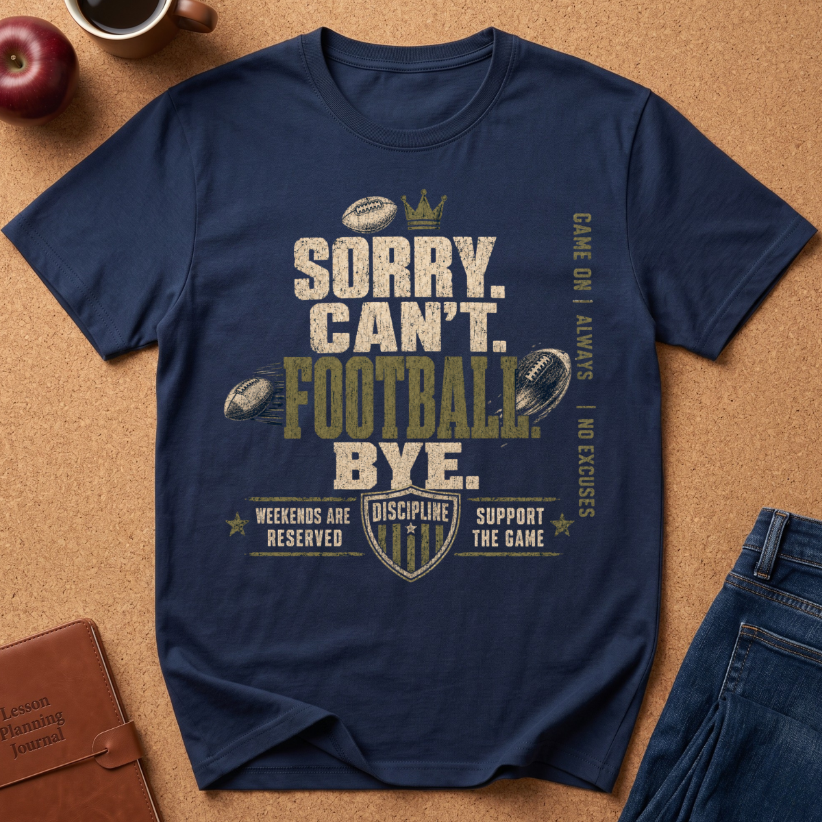 A navy blue  graphic t-shirt laid flat on a cork board background, featuring a football-themed design with the text 'SORRY, CAN'T FOOTBALL, BYE.' in distressed beige and olive green lettering, accompanied by footballs, a crown, and a shield crest.