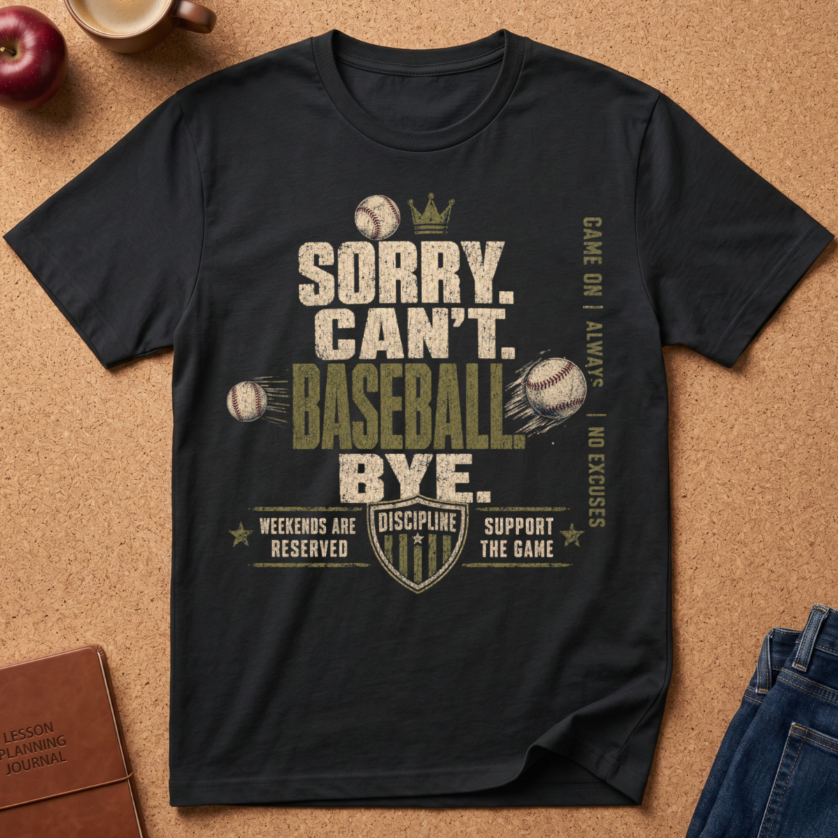 black t-shirt says "sorry can't baseball Bye" Weekends are reserved, support the game Discipline Game on Always No Excuses with baseball graphics. 