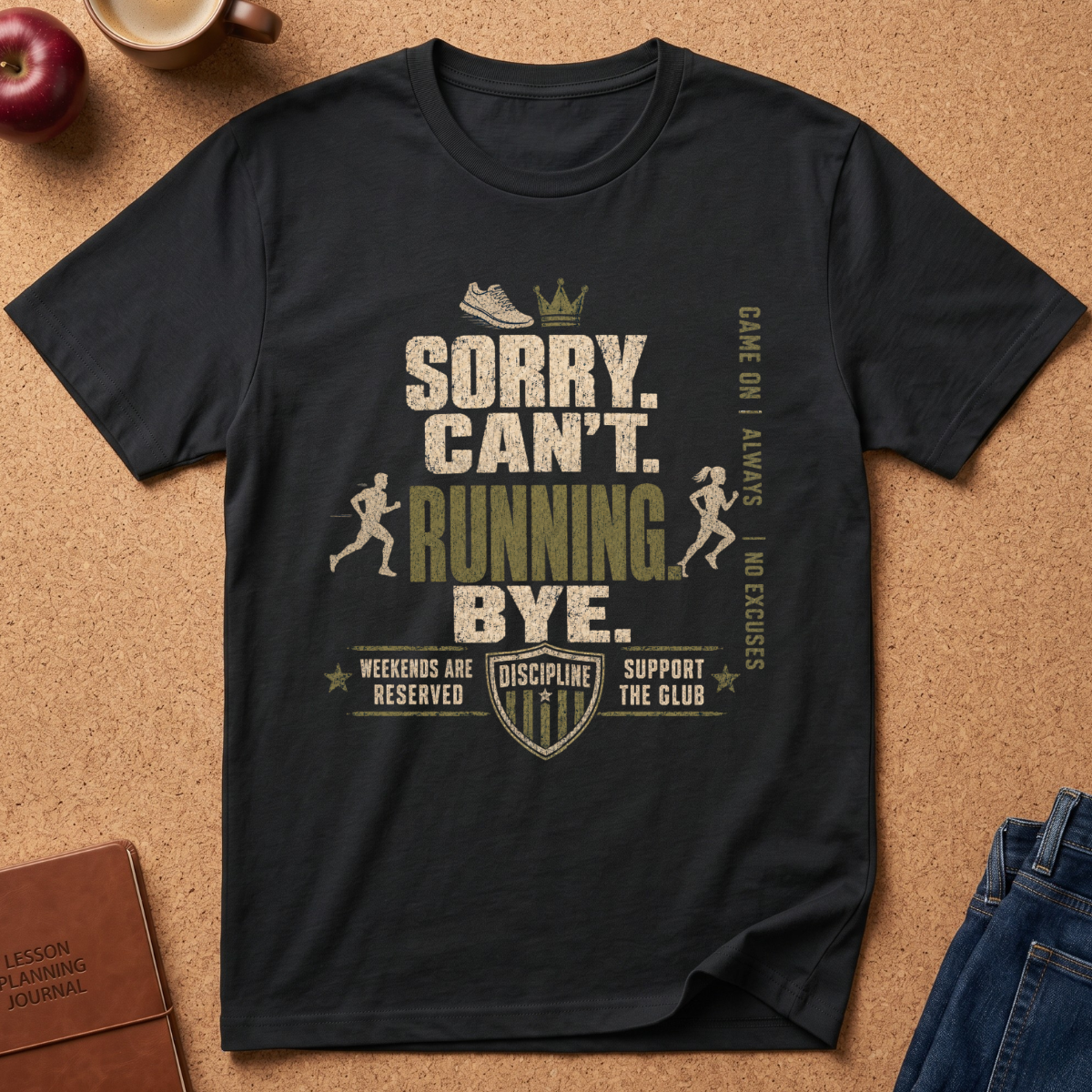 black t-shirt says "sorry can't running Bye" Weekends are reserved, support the game Discipline Game on Always No Excuses with runner graphics. 